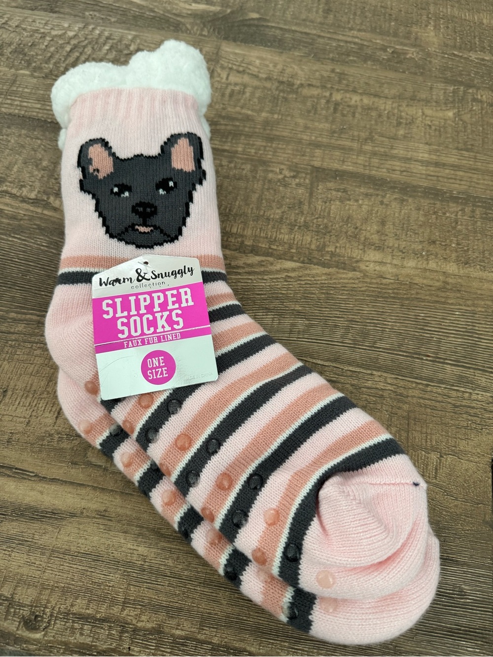 Warm & Snuggly Faux Fur Lined Slipper Socks - Pink & Gray Stripes